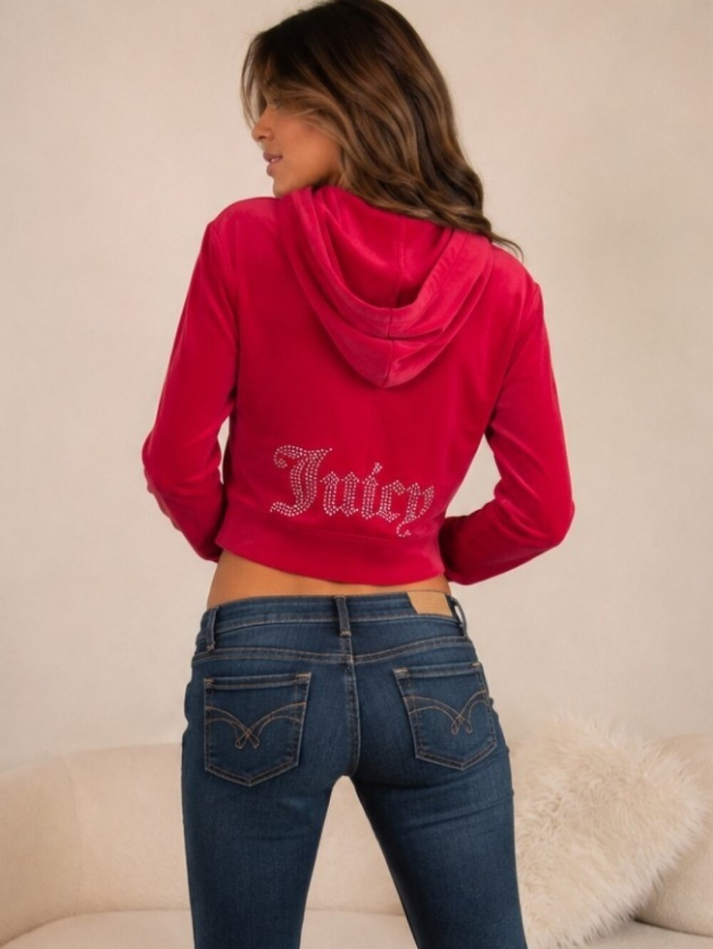 Y2K McBling Velour Zip Hoodie Rhinestone Logo Deep fuchsia / Raspberry Red Sz XL